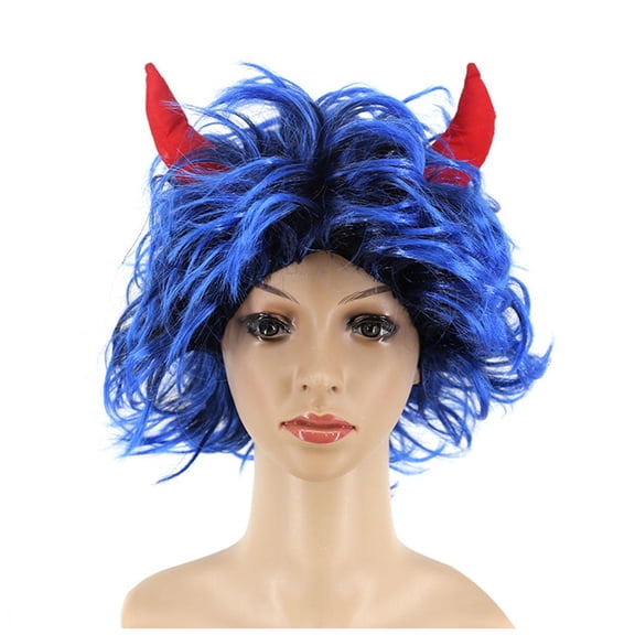 HOOWIFFY Durable Blue KSilk Cosplay Wig with Horns for Costume Accessory and Decoration 22 Inches