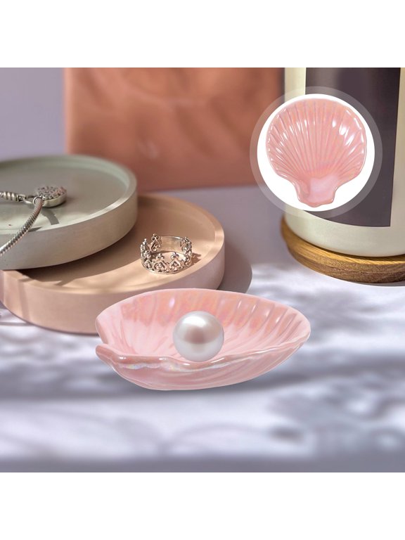 Elegant Pink Ceramic Shell Ring Holder and Trinket Dish for Desktop Storage