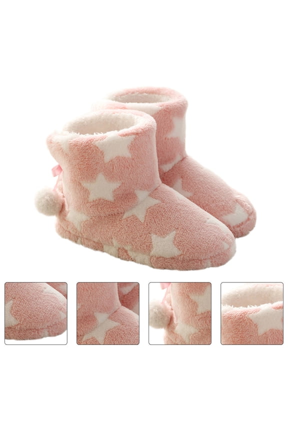 Fashionable Star Pattern Plush Lined Cotton Ankle Bootie Slippers for Women's Winter Warm AntiSkid Home Office Use Pink