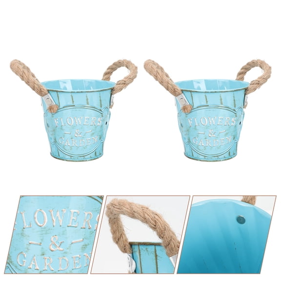 HOOWIFFY Gardening Flower Pot Iron Succulents Planter Blue Rope Round Rustic Style 2Pcs 4.4x4.4in