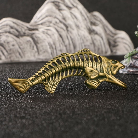 HOOWIFFY Golden Brass Fish Bone Ornament Realistic Fish Model for Tabletop Decoration and Photography Prop