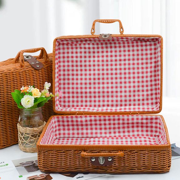 HOOWIFFY Handwoven Imitation Rattan Storage Case Brown Rustic Portable Storage Box