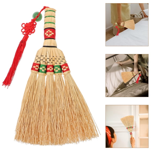 HOOWIFFY Khaki Corn Broom Handmade Woven Short Handle for Efficient Bedroom Sofa and Carpet Cleaning