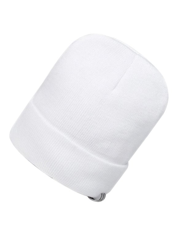 Knitted White Beanie Hat with Ring Detail Warm Winter Hat for Men and Women