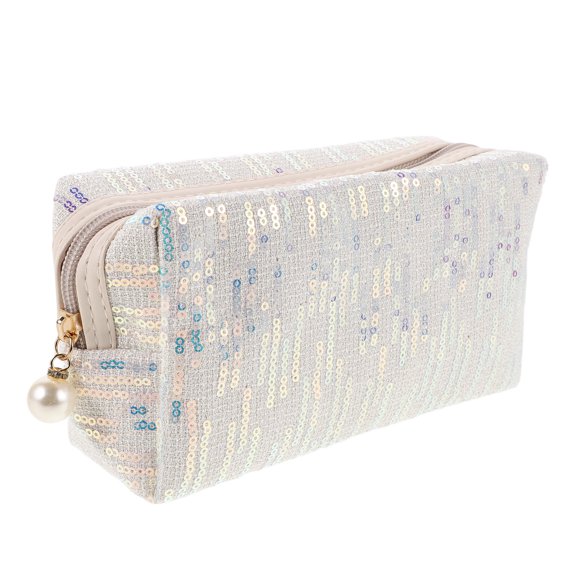 HOOWIFFY Large Travel Makeup Bag White Sequin Design with Portable Storage for Cosmetics and Brushes
