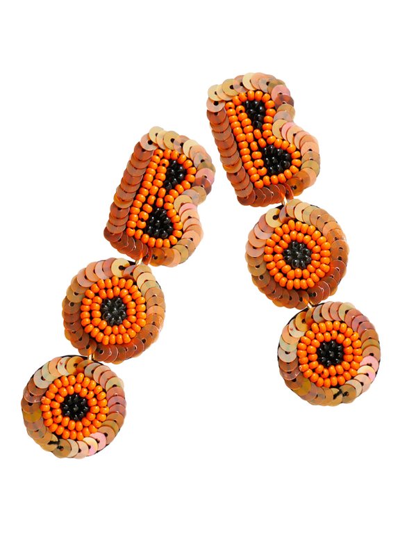 Letter Sequin Drop Earrings Orange Beaded Dangle Pair