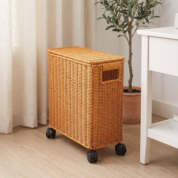 HOOWIFFY Narrow Woven Storage Basket Khaki Pe Plastic Rattan Mobile Dustproof for Home