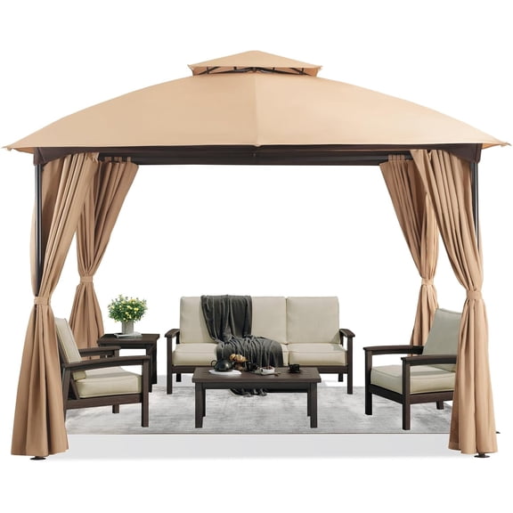 HOOWIFFY Patio Arc Gazebo Outdoor Canopy Tent 10'x10' Party Tent Shelter with Curtains & Expansion Bolts and Wind-Resistant Ropes for Patios Garden Backyard and Lawn Khaki