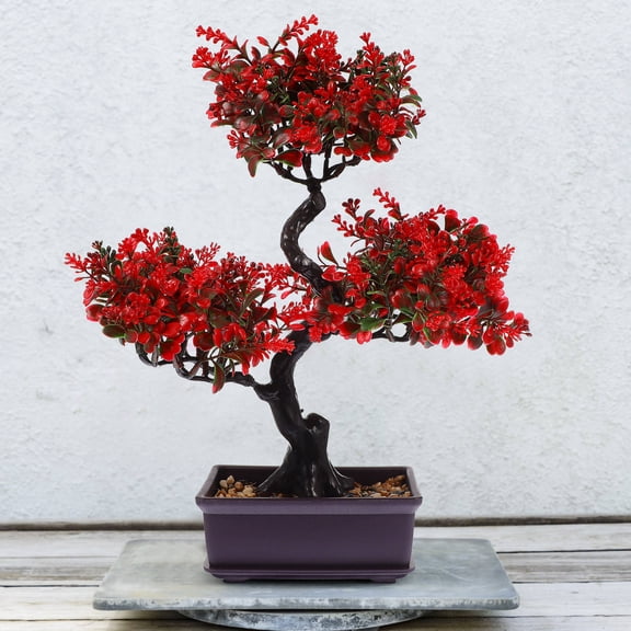 HOOWIFFY Bonsai Tree Fake Red Plastic Decorative Friends Garden 1Set