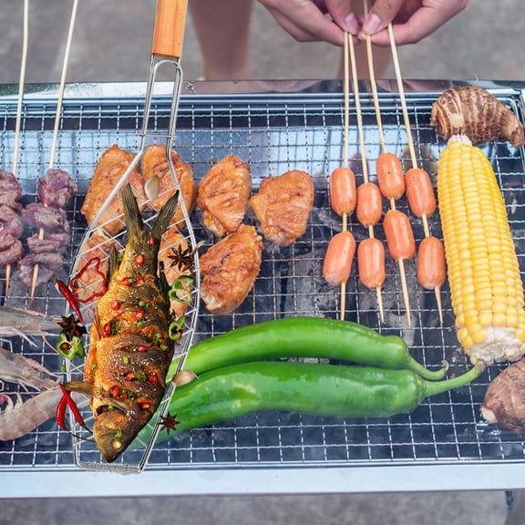 HOOWIFFY Rolling Grill Basket with Iron Frame, BBQ Rotisserie Grilling Basket for Fish, Vegetables, Meat, Outdoor Cooking