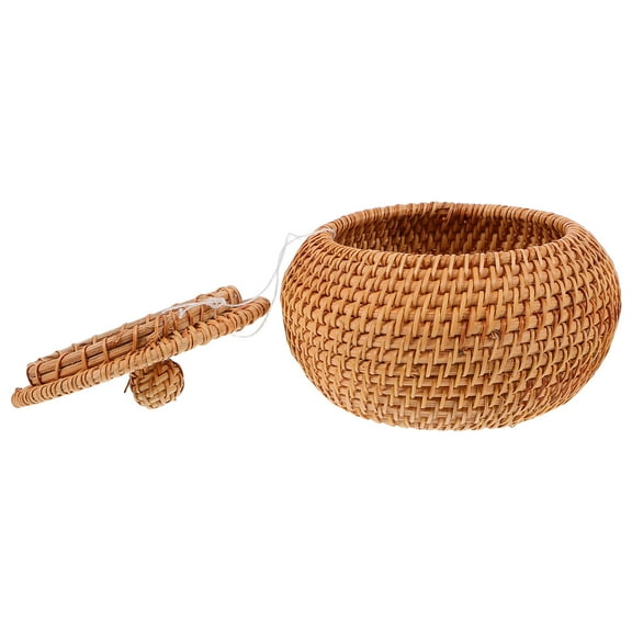 HOOWIFFY Compact Woven Storage Basket Khaki Round Shape with Lid for Clutter Organization