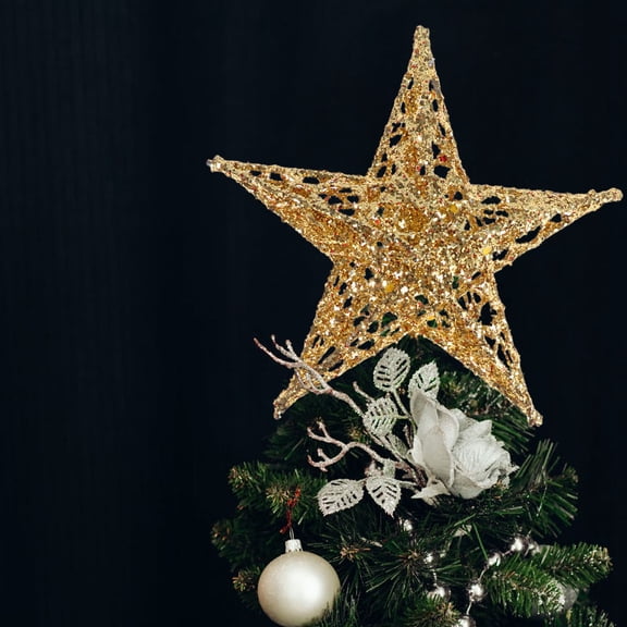 HOOWIFFY Sparkling Golden Star Tree Treetop with Metal Cone Holder for Warm Holiday Atmosphere