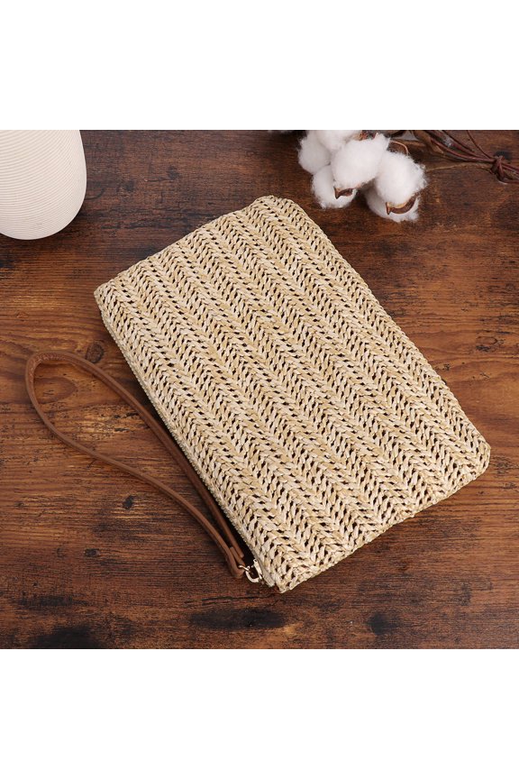 Straw Clutch Purse Khaki Polyester Lining Smooth Zipper Secure Accessory Organizer