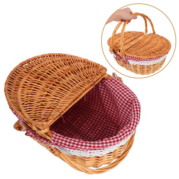 HOOWIFFY Vintage Red Rattan Picnic Basket with Handle and Washable Liner for Camping and Home