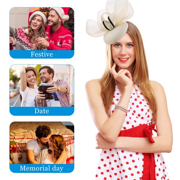 HOOWIFFY Beige Decorative Hat with Elegant Plume Headpiece for Wedding, Formal Events, and Special Occasions