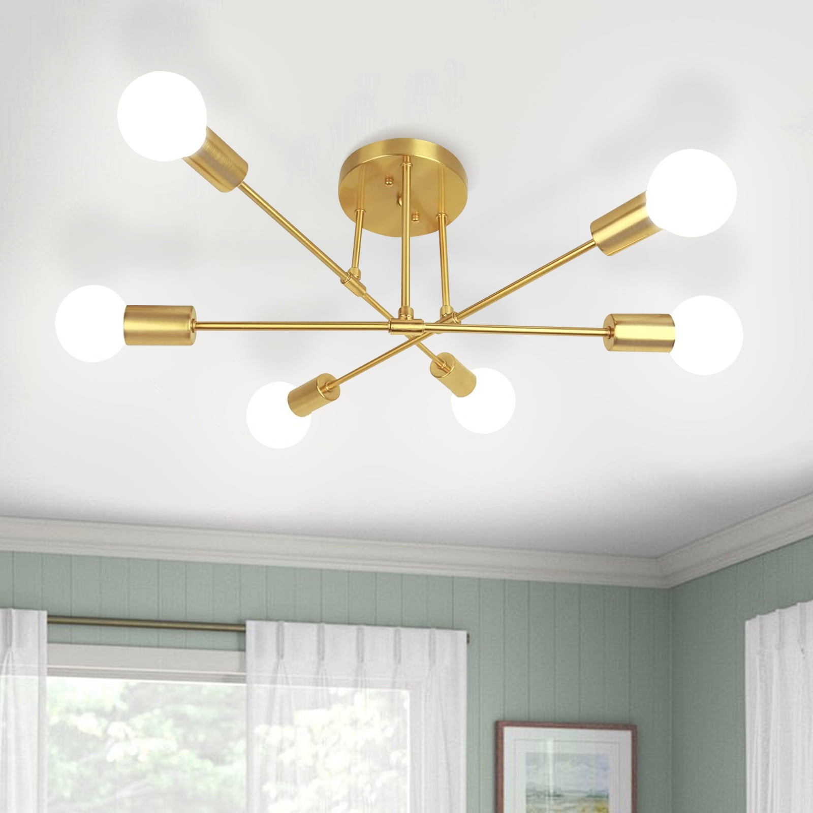 Gold 6-Light Sputnik Semi-Flush Mount Ceiling Fixture