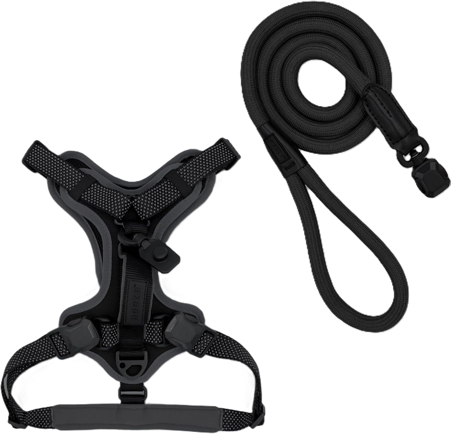 HOOZA Quick Clip Dog Harness & Rope Leash Set, Black Large – Magnetic Buckle, Reflective, Control