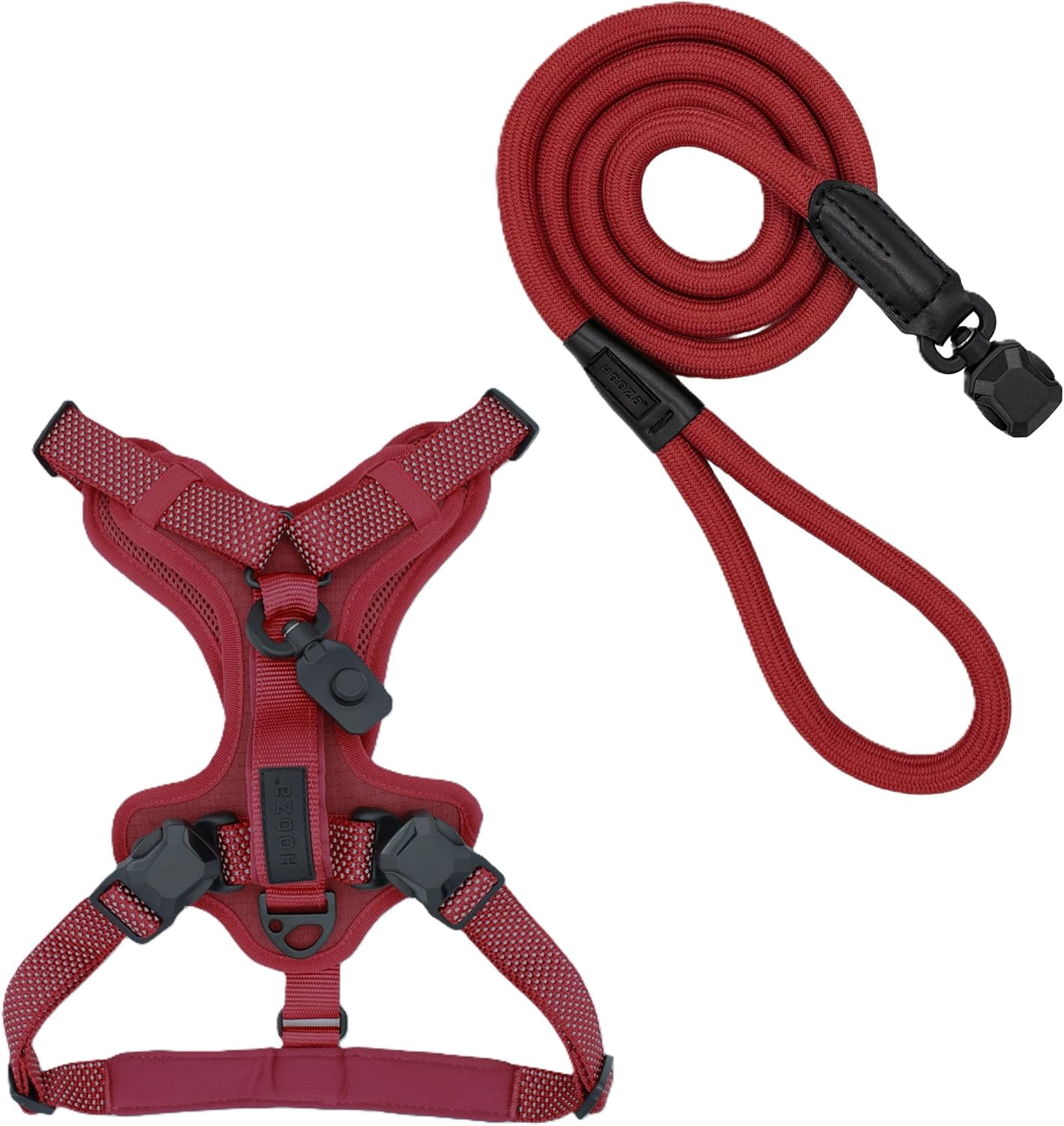 HOOZA Quick Clip Dog Harness & Rope Leash Set, Red Medium – Magnetic Buckle, Reflective, Control