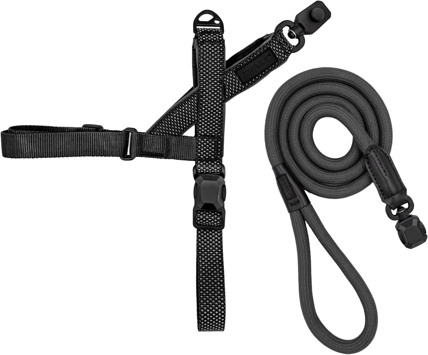 HOOZA Quick Clip Dog Harness & Rope Leash Set, Black Large – Magnetic Buckle, Reflective, Easy Fit