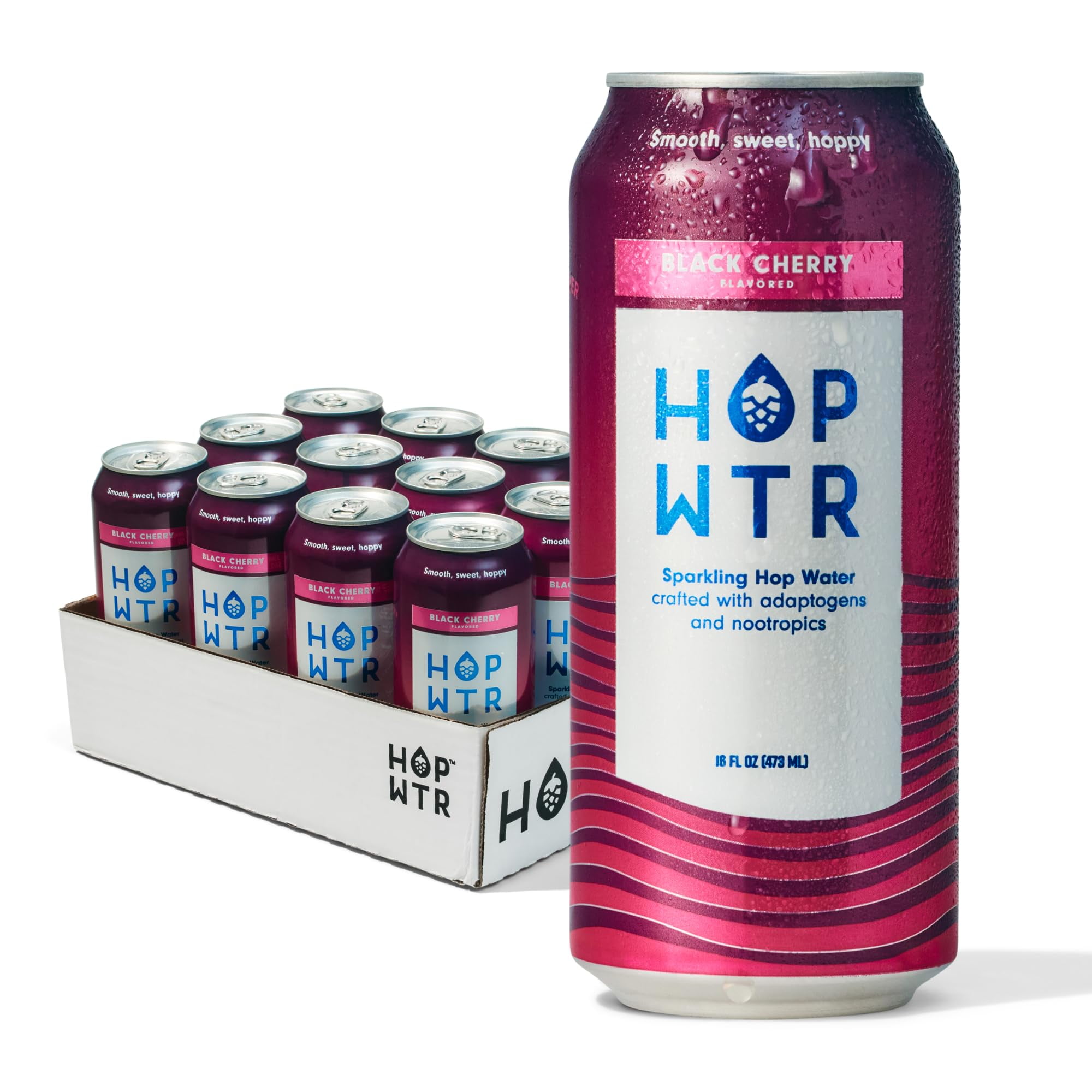 HOP WTR Sparkling Hop Water, Black Cherry 12 Pack, Sugar Free, Low Carb