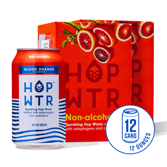 HOP WTR Sparkling Hop Water Blood Orange 12 Pack, Sugar Free, Low Carb Non Alcoholic Drinks, NA Beer, Adaptogen Drink, No Calories, Adaptogens & Nootropics for Added Benefits, 12 oz Cans