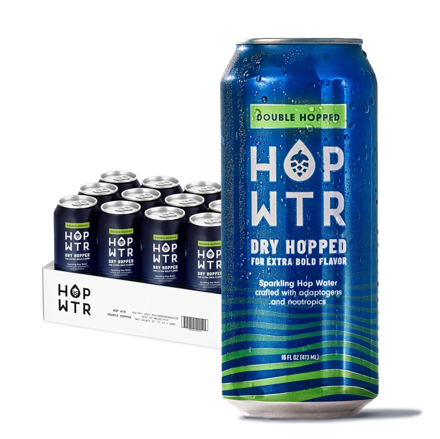 HOP WTR - Sparkling Hop Water - Double Hopped (12 Pack) - NA Beer, No Calories or Sugar, Low Carb, With Adaptogens and Nootropics for Added Benefits (12 oz Cans)