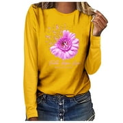 HOPE LOVE Breast Cancer Awareness O Loose Tunic Trendy Western Tops for Ladies Round Neck Pullover Womens Fall Fashion Plus Size Tops Pink Ribbon Angel Wing Sweatshirts Long Sleeve T Shirts Yellow XL