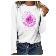 HOPE LOVE Breast Cancer Awareness O Loose Tunic Trendy Western Tops for Ladies Round Neck Pullover Womens Fall Fashion Plus Size Tops Pink Ribbon Angel Wing Sweatshirts Long Sleeve T Shirts White XXXL