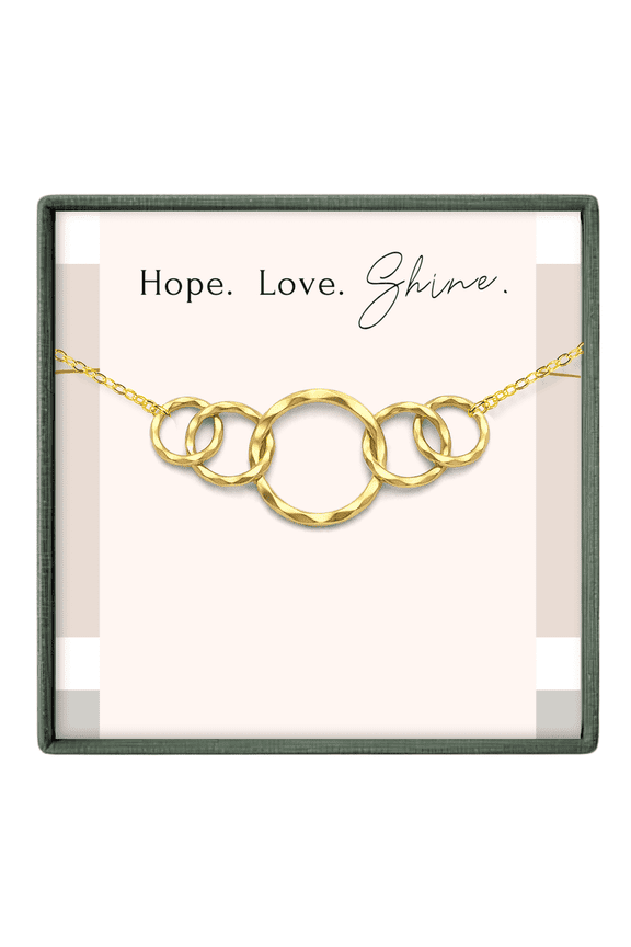Gold Family Necklace, 5 Ring Interlocking Circle Jewelry Gift for Her