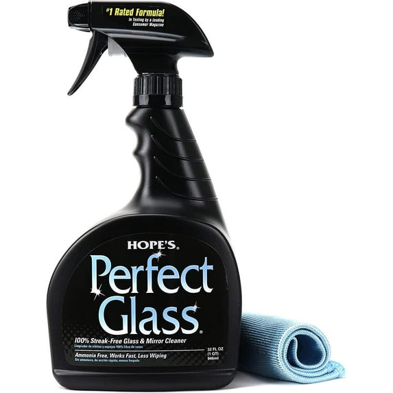 HOPE'S Perfect Glass Cleaner Spray, Streak-Free Clean for Windows, Windshields, Etc, 32 Fl Oz, Pack of 1 With Microfiber Cloth