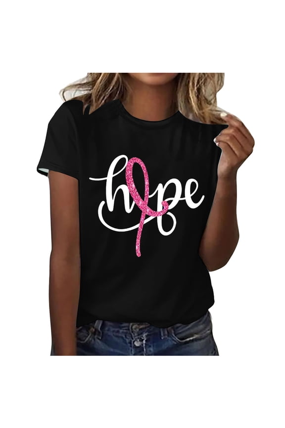 HOPE Womens Breast Cancer Awareness Tops Short Sleeve Pink Ribbon T-Shirt Breast Cancer Warrior Squad Graphic Tees