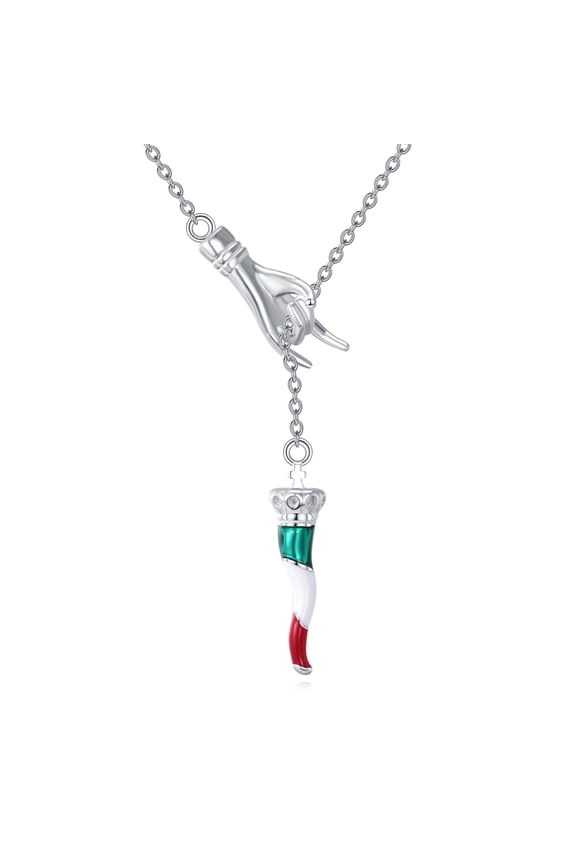 HOPEEZZ Italian Horn Hand Necklace Sterling Silver for Women Cornicello and Mano Cornuto Pendant Necklace Good Luck Italian Amulet Pendant Jewelry Gifts