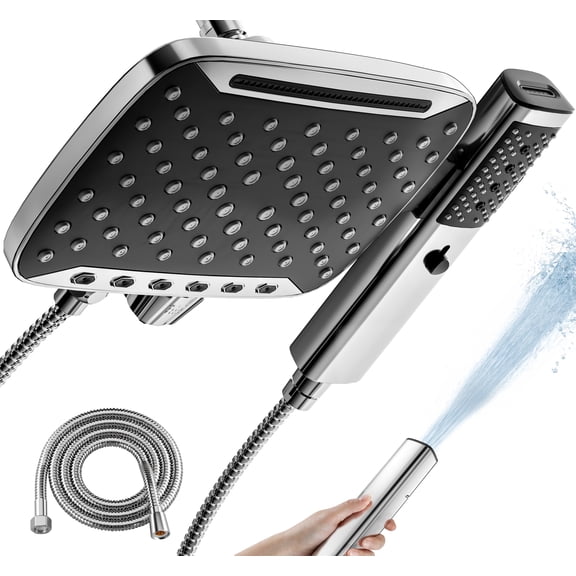 HOPOPRO 2-in-1 High Pressure Rain Shower Head with Handheld, Chrome Dual Showerheads with Hose, Tool-Free Install