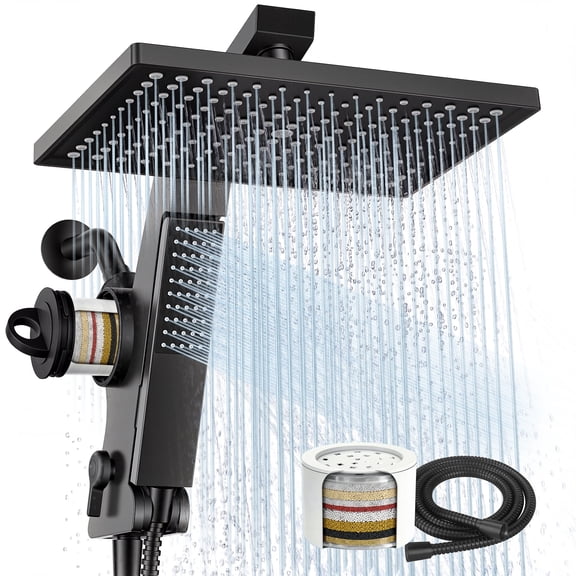 HOPOPRO Filtered Shower Head with Handheld Combo Matte Black, 12 Inch High Pressure Rain Shower Head with Filter, 2-in-1 Dual Rainfall & Detachable Handheld Showerheads with Stainless Steel Hose
