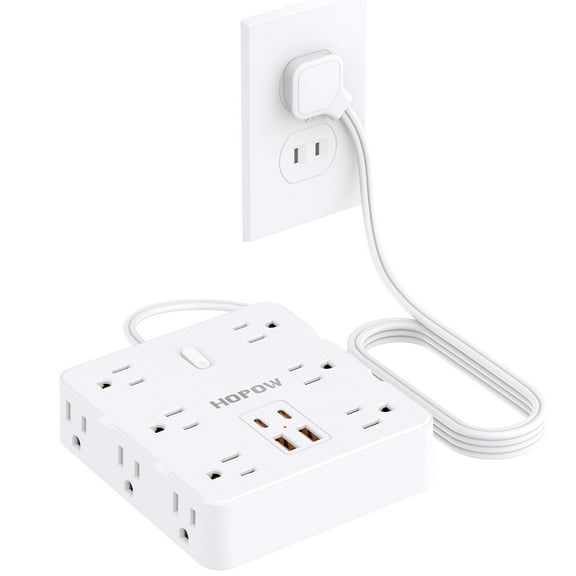HOPOW 2 Power Strip, 2 to Outlet Adapter with 12 AC & 4 USB(2 USB-C), 1700J Two Surge Protector, 5FT Extension Cord, Wall Mountable, Ideal for Old House Non-Grounded Outlets Y101