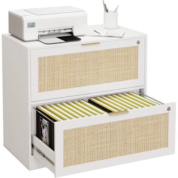 HOPUBUY 2 Drawer File Cabinet with Lock, Printer Stand Lateral Filing Cabinets for Home Office and School, Wood Rattan File Cabinet for Hanging Files/Letter/Legal/A4/F4 Size, White