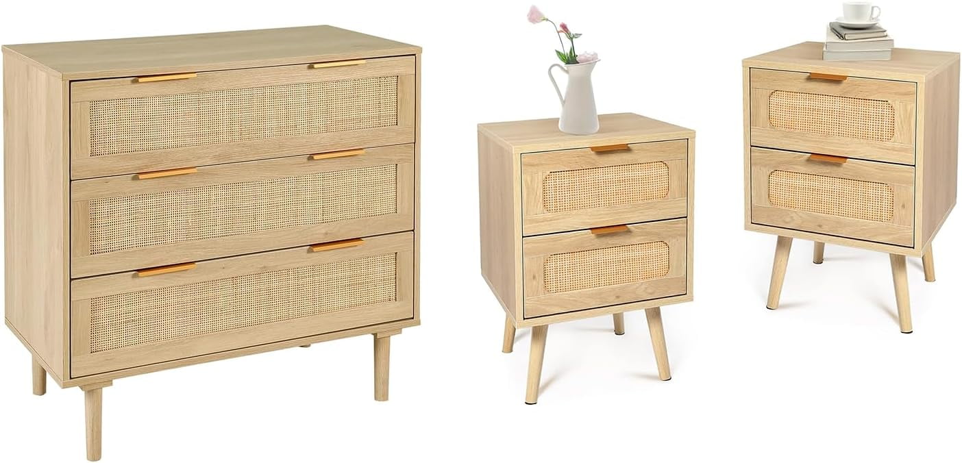 HOPUBUY 3 Drawer Dresser with 2 Nightstand for Bedroom, Oak Rattan ...