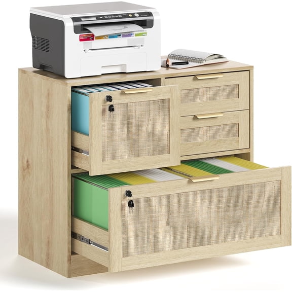 HOPUBUY Lockable 4 Drawers File Cabinet, Lateral Filing Cabinet with Printer Stand for Home Office and School, Wood Rattan File Cabinet for Hanging Files/Letter/Legal/A4/F4 Size, Oak Color (Oak)