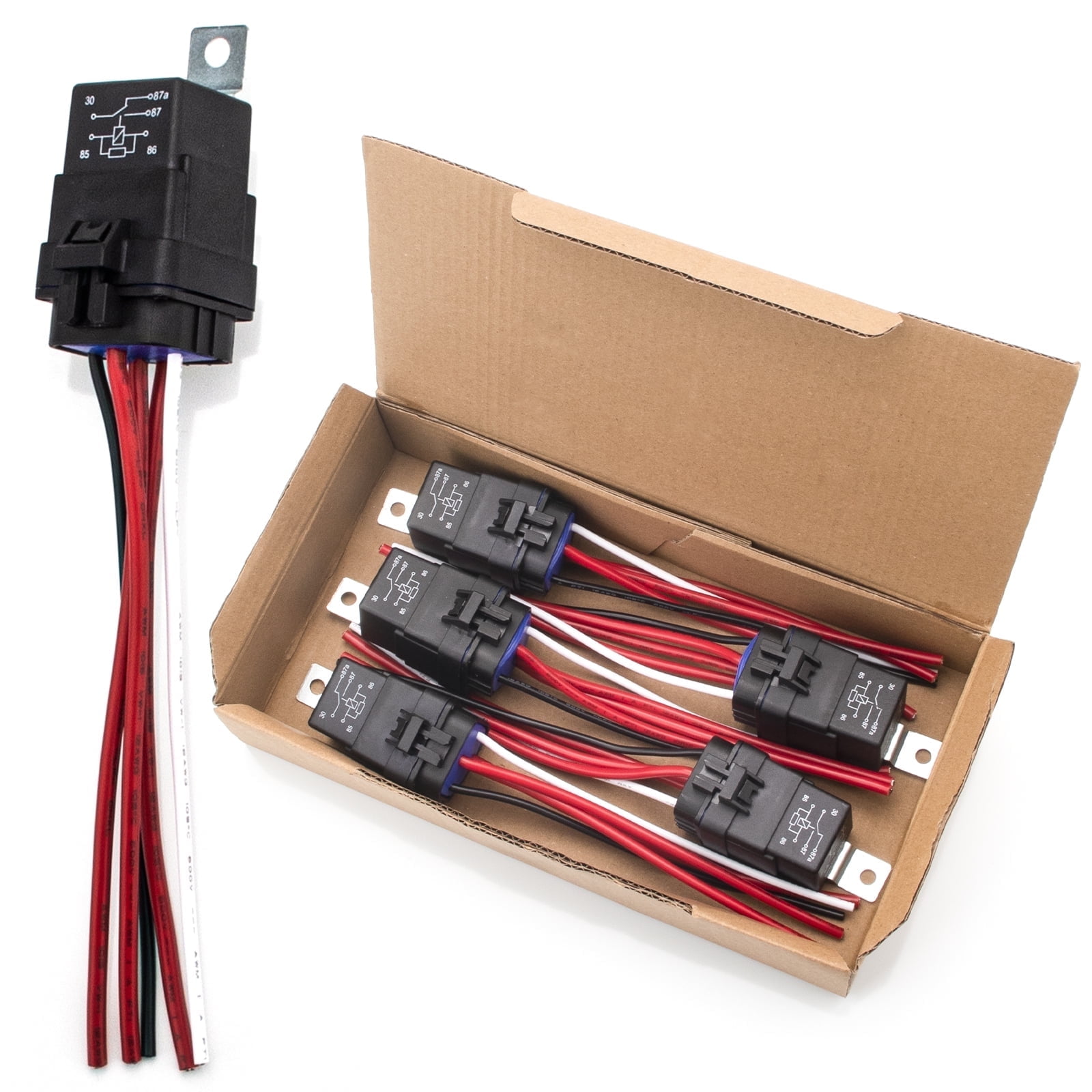 HOPUT 5 Pack 80/60 AMP 12V DC Waterproof Relay and Harness - Heavy Duty 12 AWG Tinned Copper Wires, 5-PIN SPDT Automotive Relay