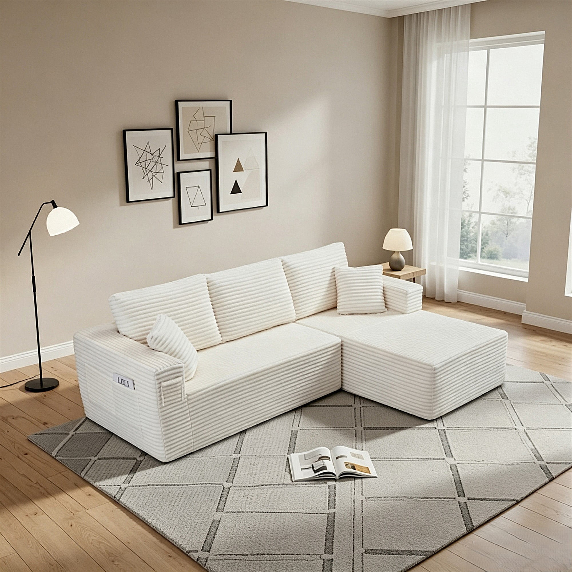 HOQBN 100.39" Cloud Sectional Couch with R-Shape Chaise,Modern Modular Sofa with Deep Seat,No Assembly Required,Compressed Packaging for Living Room Beige