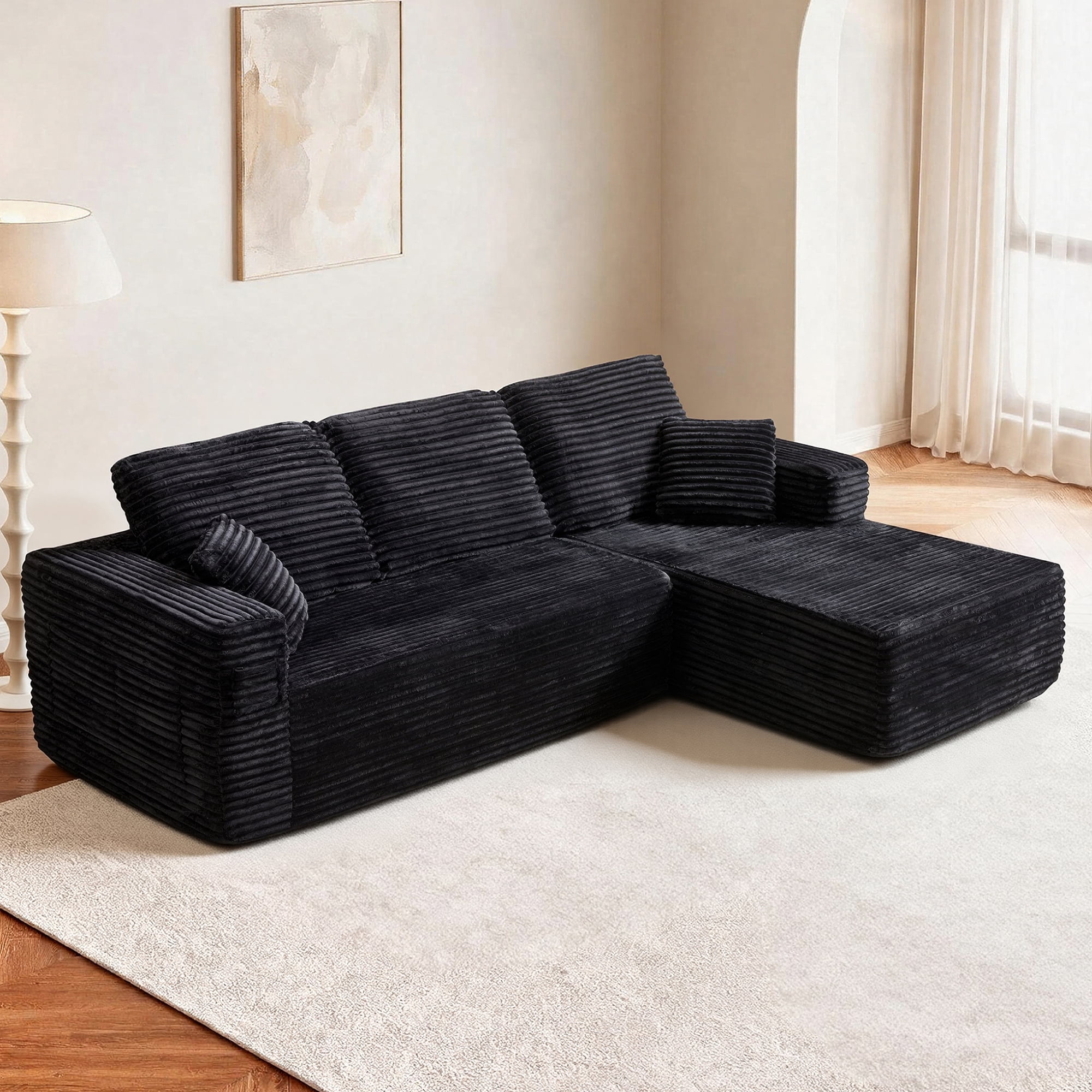HOQBN 100.39" Cloud Sectional Couch with R-Shape Chaise,Modern Modular Sofa with Deep Seat,No Assembly Required,Compressed Packaging for Living Room Black