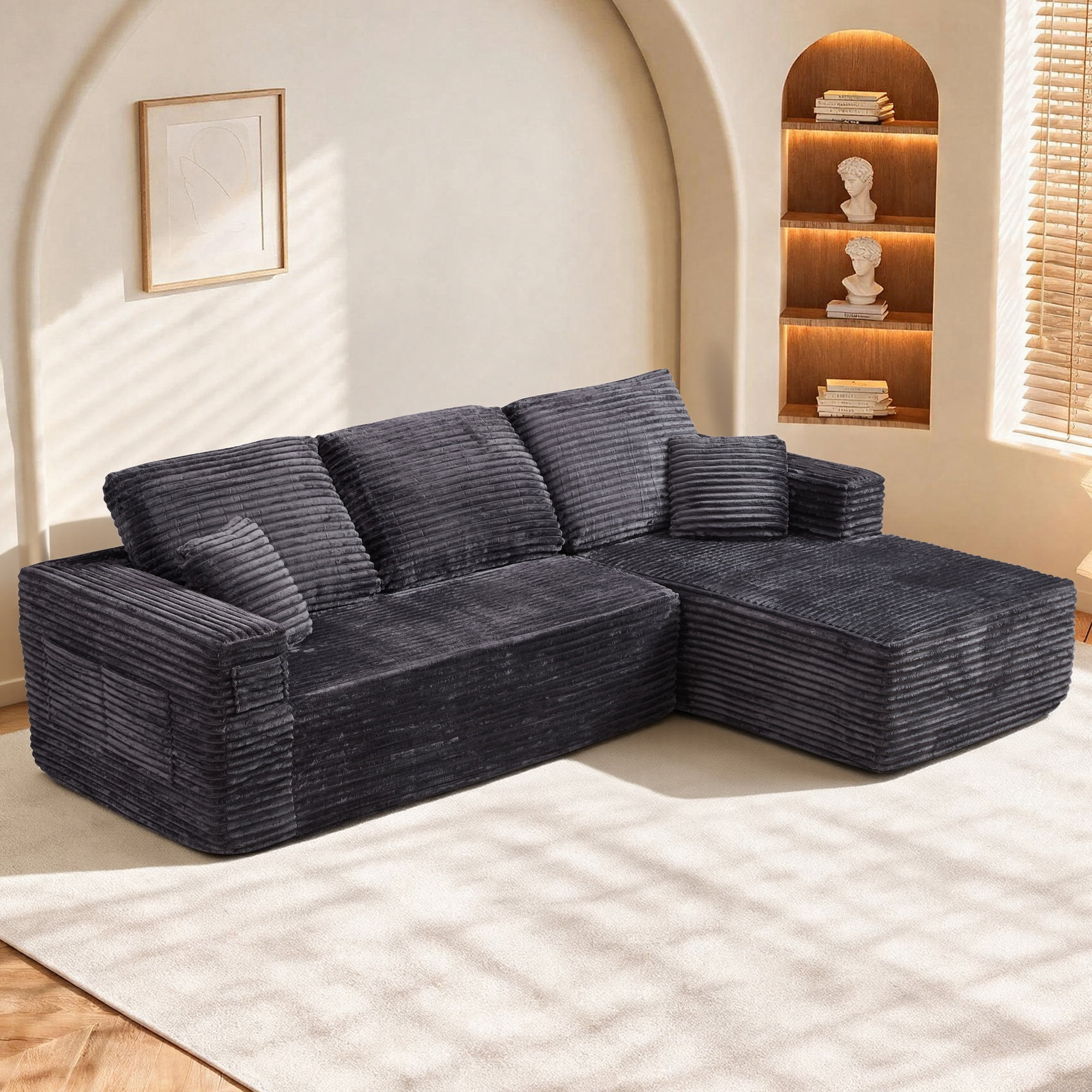 HOQBN 100.39" Cloud Sectional Couch with R-Shape Chaise,Modern Modular Sofa with Deep Seat,No Assembly Required,Compressed Packaging for Living Room Grey