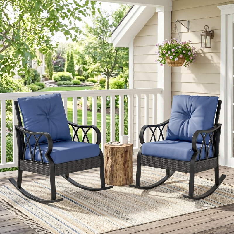 HOQBN 2-Piece Outdoor Wicker Rocking Chairs, Rattan Porch Rockers with Cushions, Aluminum Frame for Garden, Patio, Blue