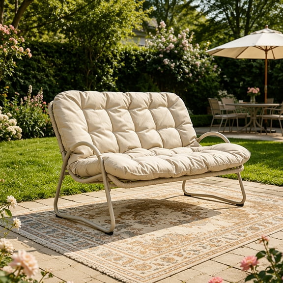 HOQBN 2-Seat Outdoor Patio Loveseat, All-Weather PE Rattan Wicker Chair with Soft Cushions & Metal Frame for Porch, Balcony, Garden