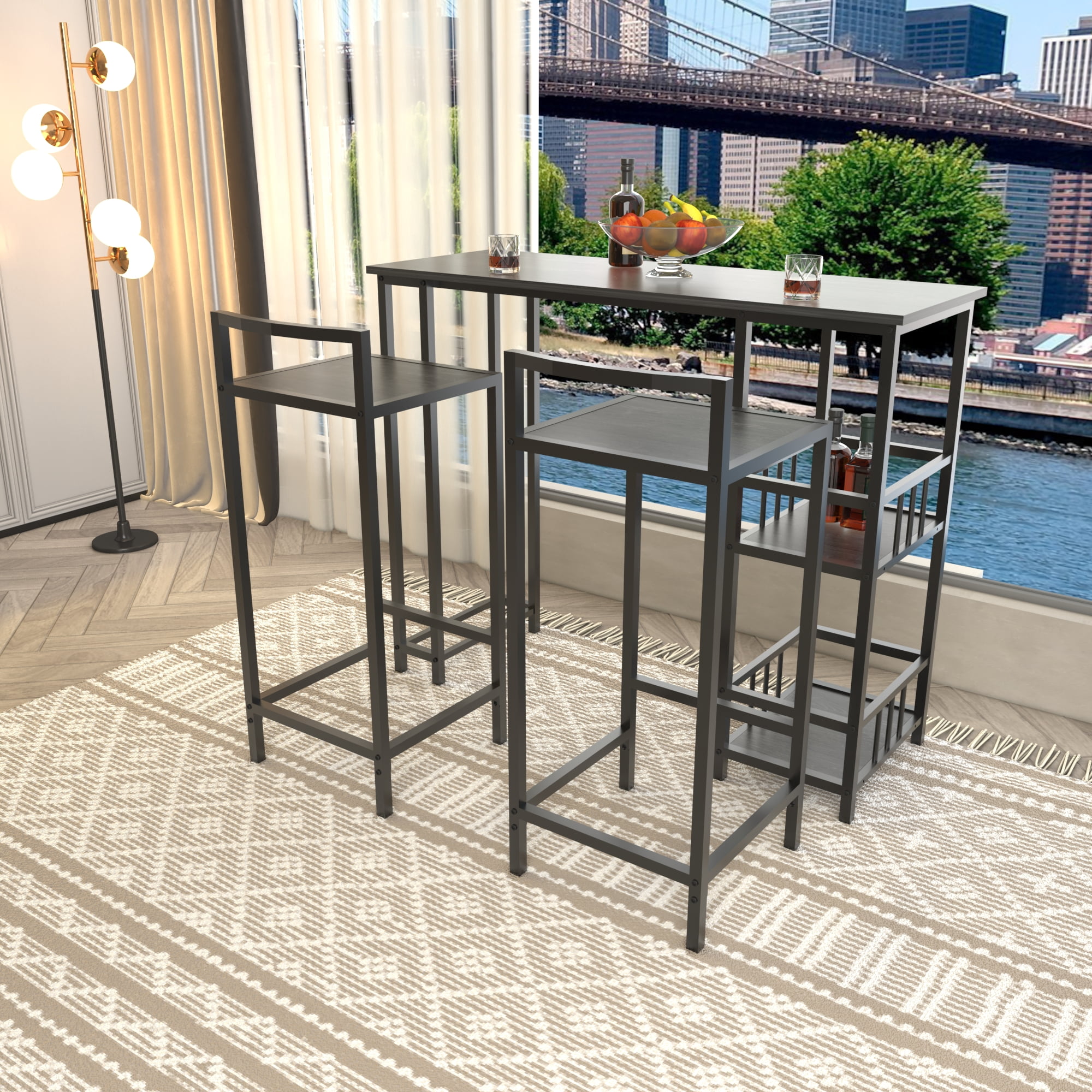 HOQBN 3 Piece Counter Height Bar Table Set,Rectangular Pub High Table with 2 Backless Bar Stools and 3-Tier Side Storage Shelves,Industrial Wood Grain Bar Furniture for Balcony Kitchen Small Home Bar
