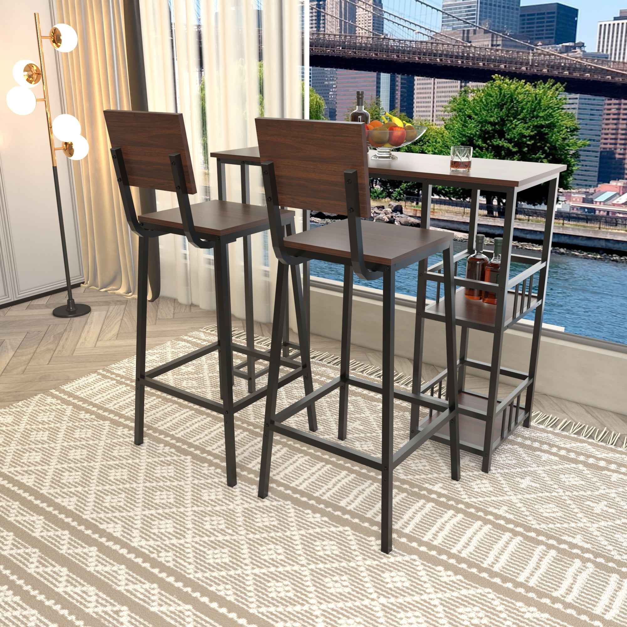 HOQBN 3 Piece Counter Height Bar Table Set,Rectangular Pub High Table with 2 Backrest Bar Stools and 3-Tier Side Storage Shelves,Industrial Wood Grain Bar Furniture for Balcony Kitchen Small Home Bar