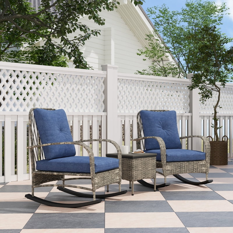 HOQBN 3 Piece Wicker Patio Furniture Set, Outdoor PE Rattan Rocking Chairs with Coffee Table, Cushions for Porch, Gray