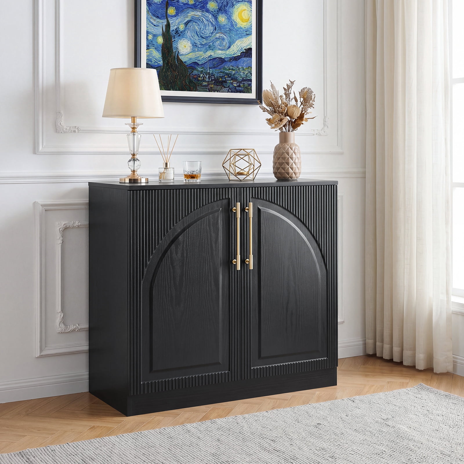 HOQBN 31.5" Modern Fluted Buffet Cabinet with Storage, Arc Sideboard Credenza, Coffee Bar Console Table for Kitchen, Dining and Living Room