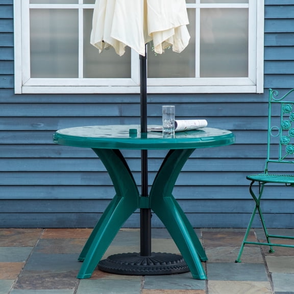 HOQBN 36.25" Dia Round Plastic Patio Table with Umbrella Hole, Outdoor Bistro Dining Table for Bar, Garden, Backyard, Poolside, Yard, Green
