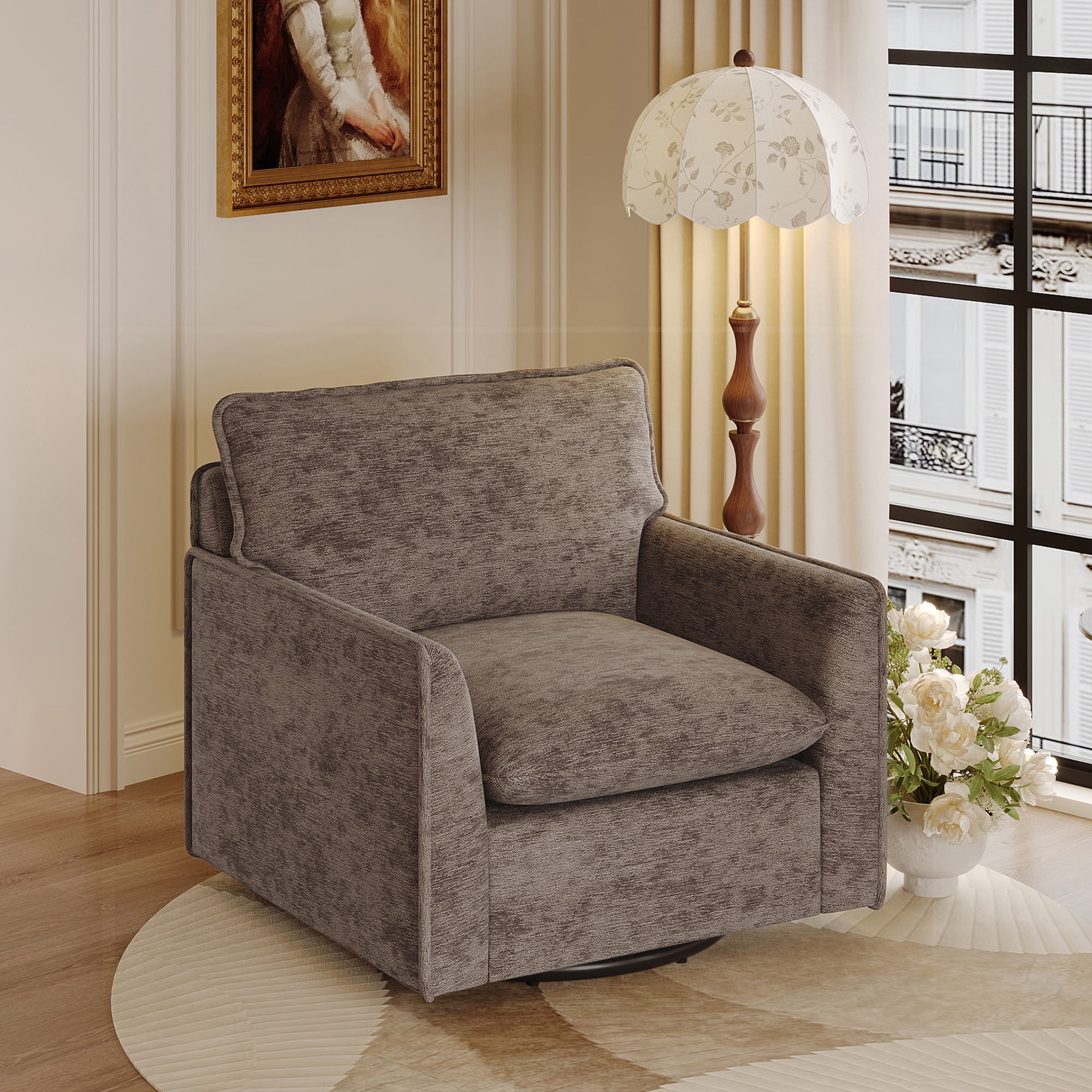 HOQBN 360°Swivel Accent Chair, Comfy Single Square Sofa Armchairs,Upholstered Club Chairs for Living Room,Bedroom, Reading Room, Brown